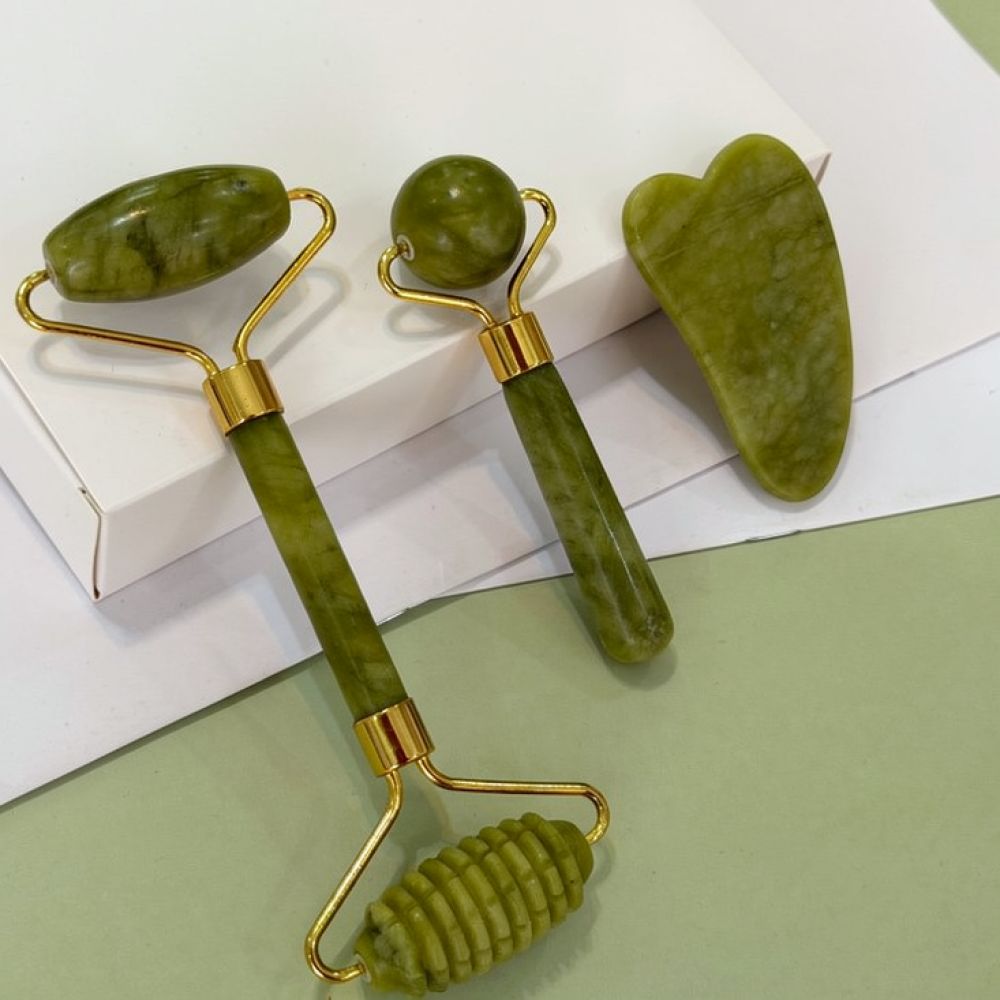 Jade Roller Gua Sha - Conjunto de massagem com rolo de
