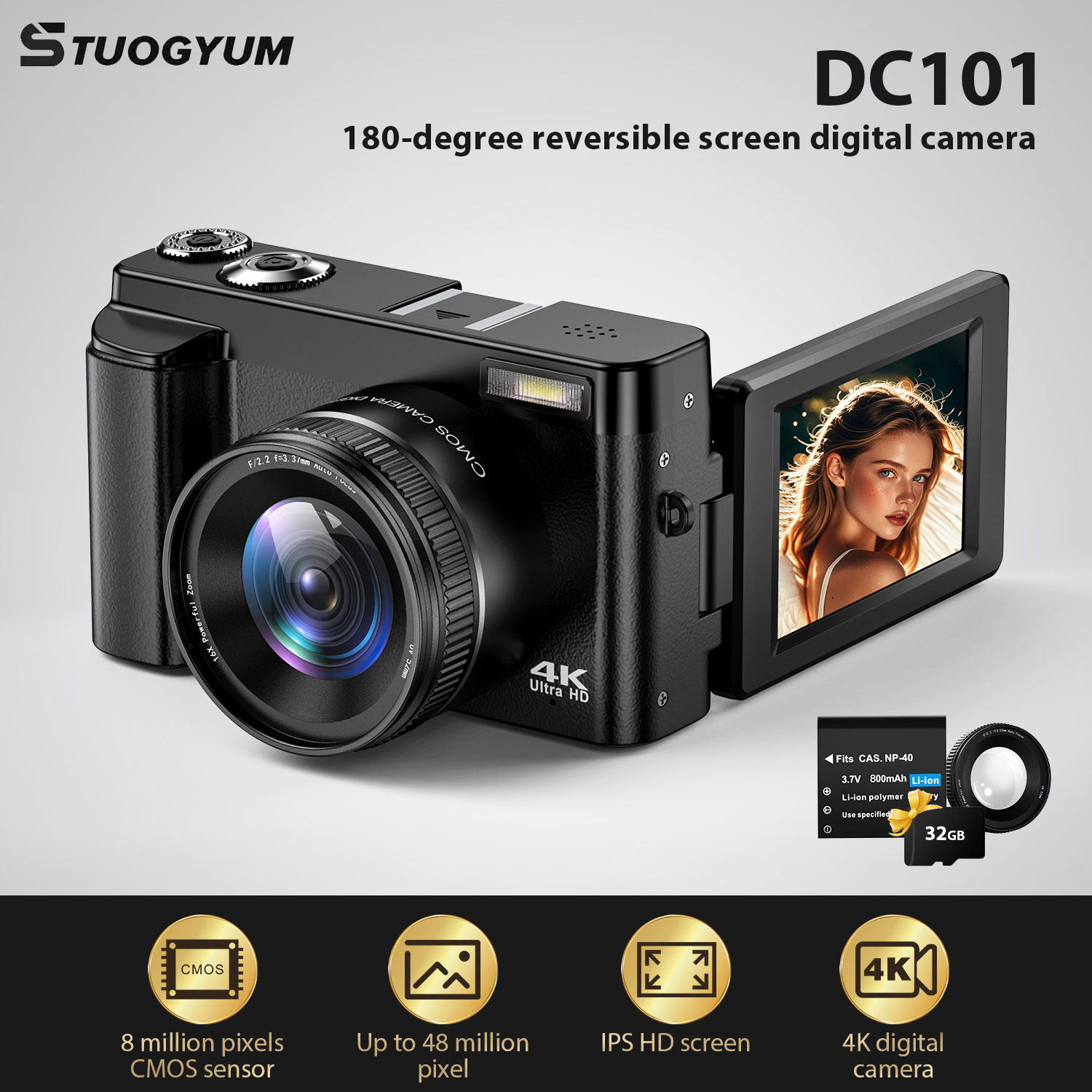 Beauty Makeup Camera - STUOGYUM 4K Vlogging Camera, câmera digital
