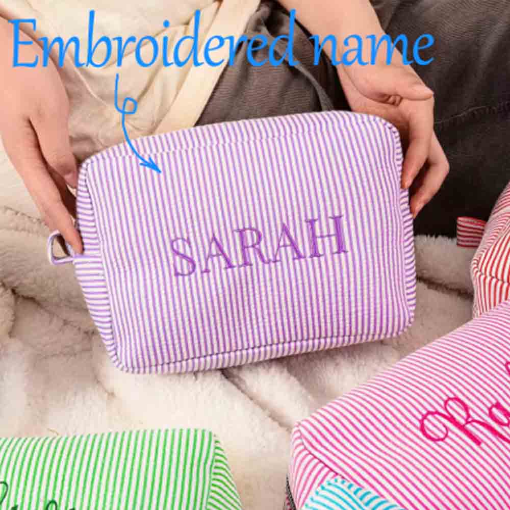 Beauty Makeup School - Bolsa de maquiagem listrada com nome
